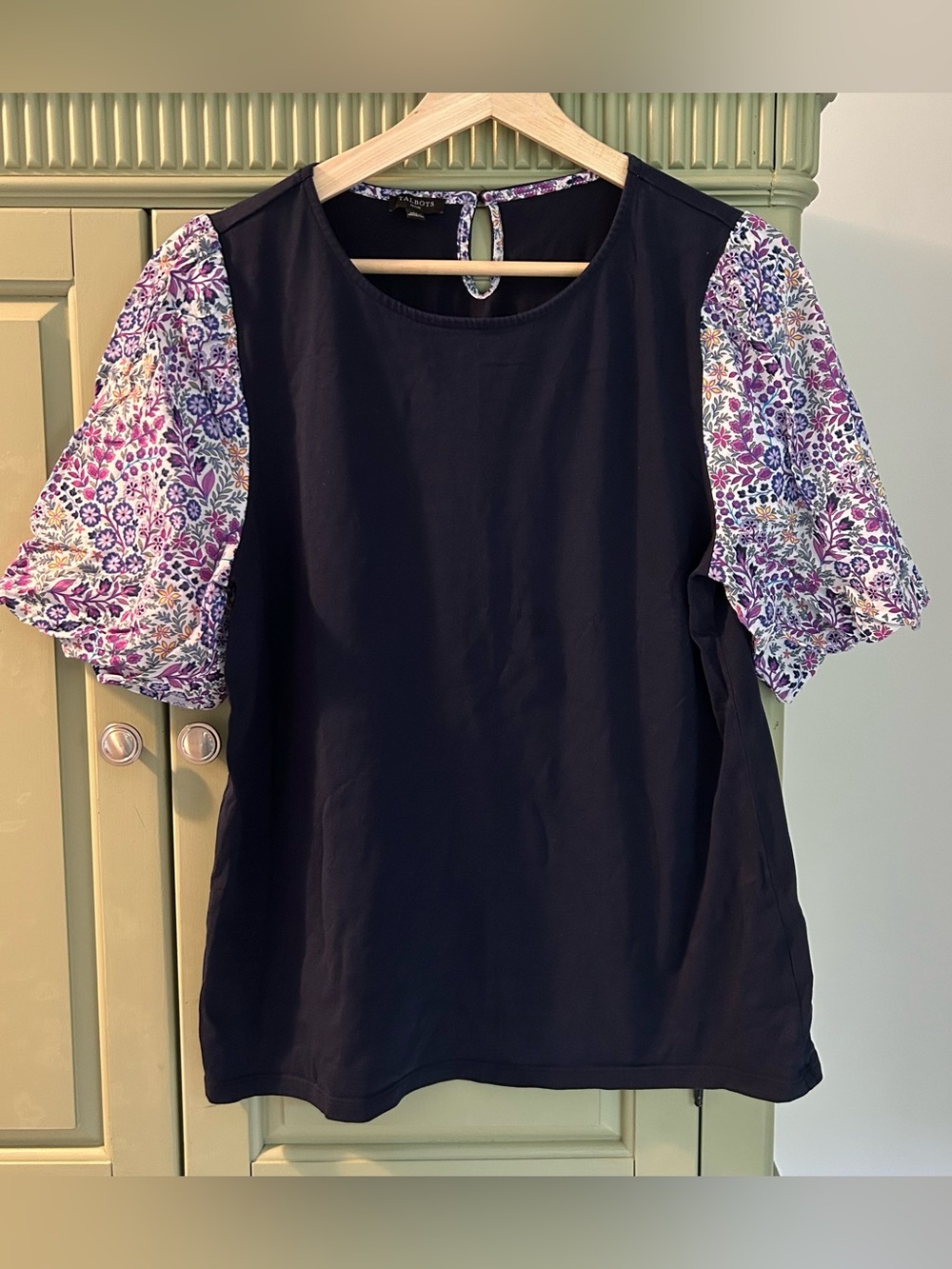 Talbots Navy Top with Purple Floral Puff Sleeves